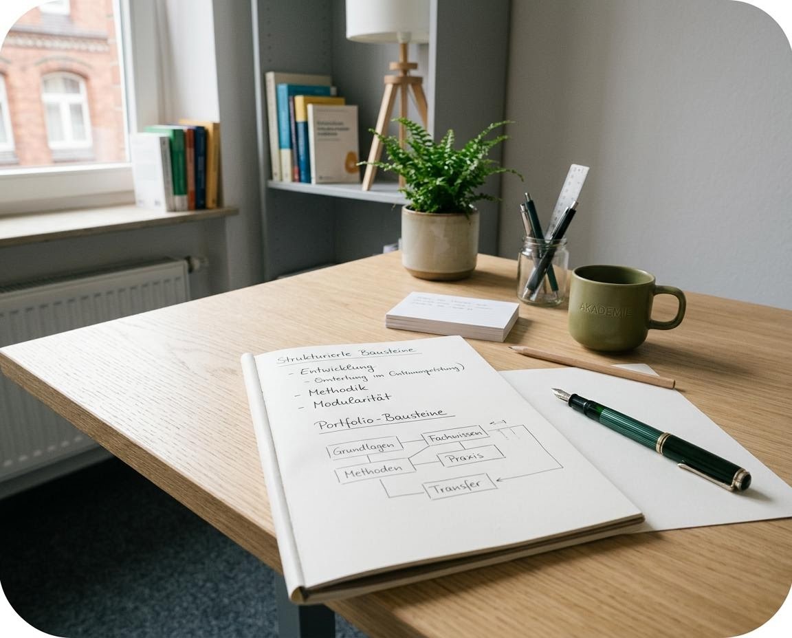 Aufgeräumter Schreibtisch mit Notizen und einer schematischen Skizze verschiedener Portfolio-Bausteine in gedämpften Grüntönen.